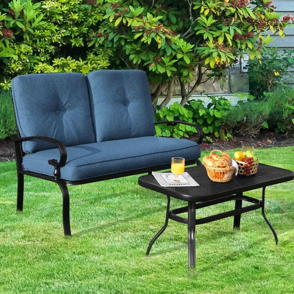 2 Pieces Patio Loveseat Bench Table Furniture Set with Cushioned Chair-Blue - Blue - Patio Conversation Sets