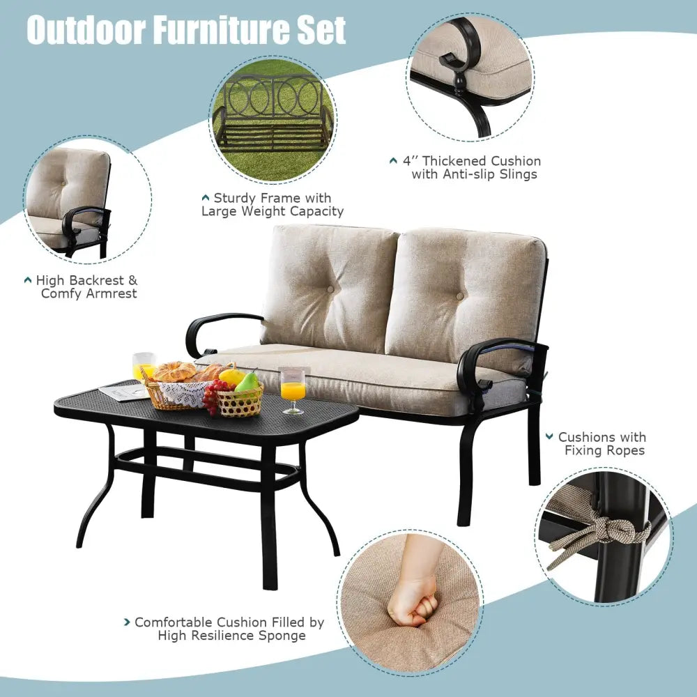 2 Pieces Patio Loveseat Bench Table Furniture Set with Cushioned Chair-Beige - Beige - Patio Conversation Sets