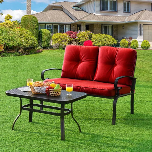 2 Pieces Patio Loveseat Bench Table Furniture Set with Cushioned Chair-Red - Red - Patio Conversation Sets