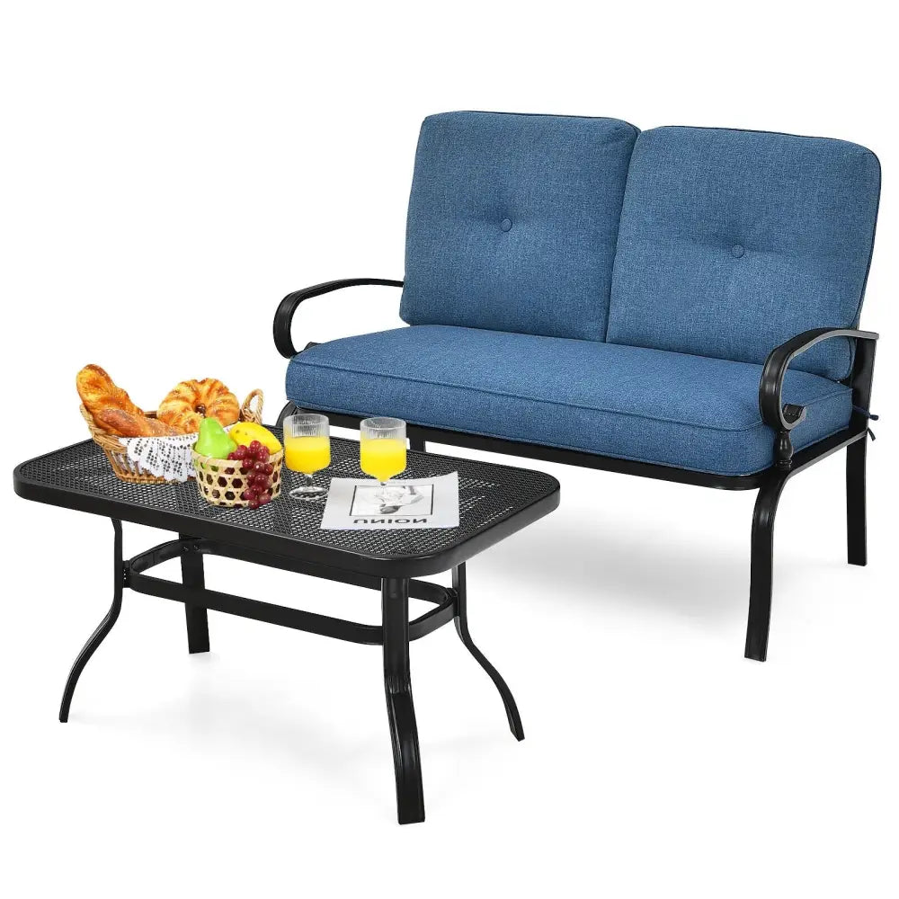 2 Pieces Patio Loveseat Bench Table Furniture Set with Cushioned Chair-Blue - Blue - Patio Conversation Sets