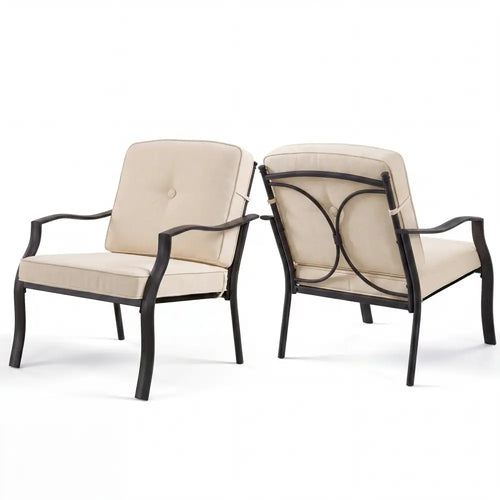 2 Pieces Patio Metal Chairs with Seat and Back Cushions for Yard-Beige - Beige - Patio Dining Chairs
