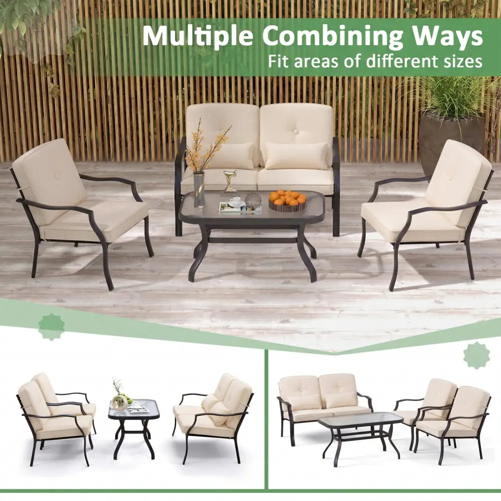 2 Pieces Patio Metal Chairs with Seat and Back Cushions for Yard-Beige - Beige - Patio Dining Chairs