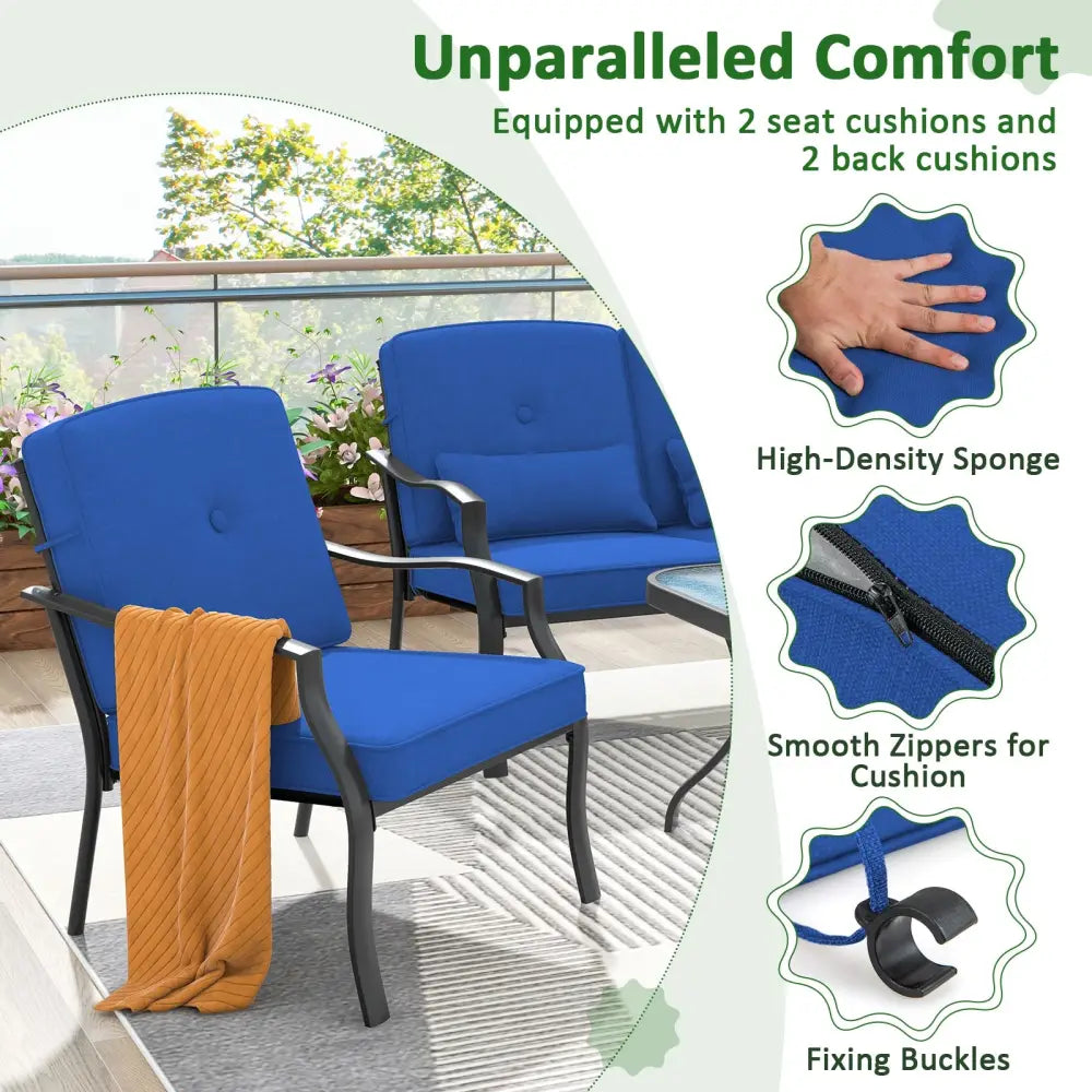 2 Pieces Patio Metal Chairs with Seat and Back Cushions for Yard-Navy - Navy - Patio Dining Chairs