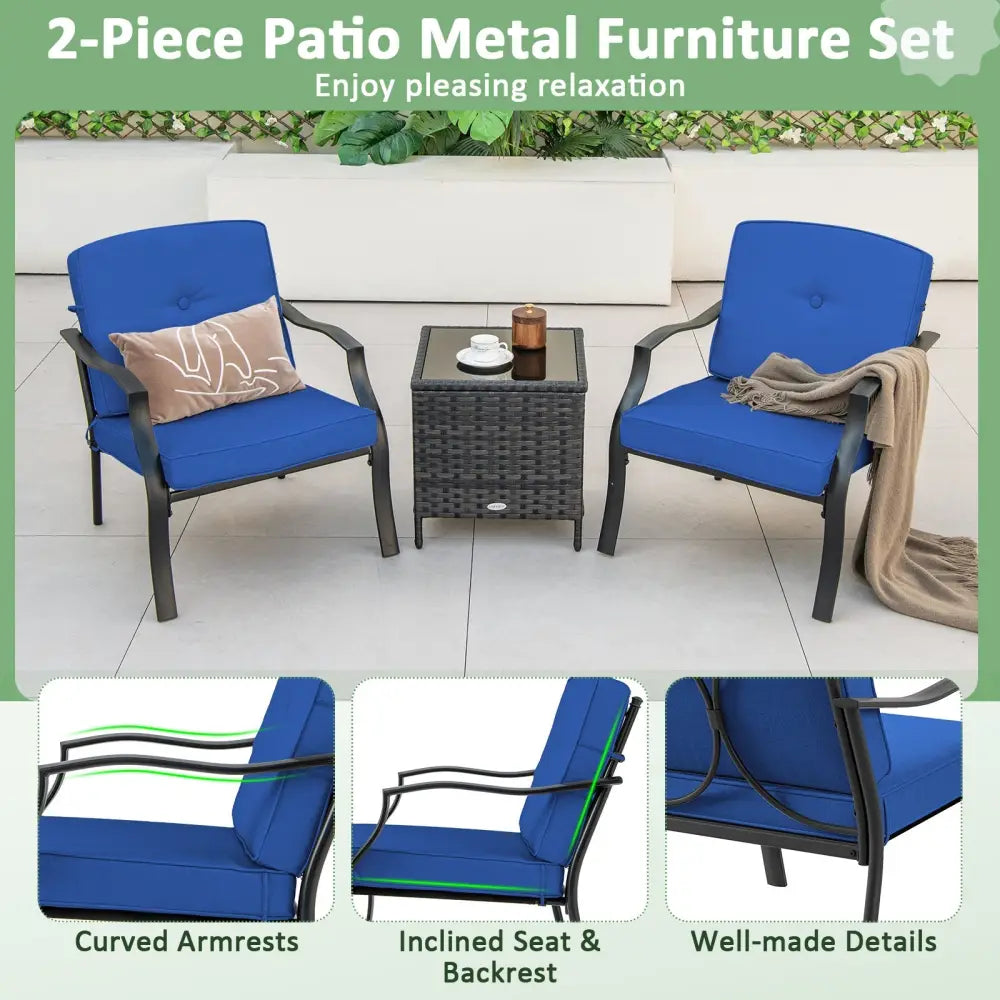 2 Pieces Patio Metal Chairs with Seat and Back Cushions for Yard-Navy - Navy - Patio Dining Chairs