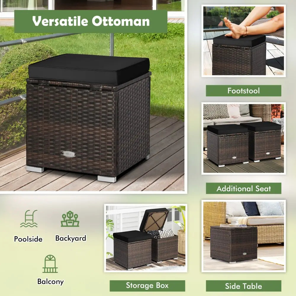 2 Pieces Patio Ottoman with Hidden Storage Space-Black - Black - Outdoor Seating & Patio Chairs
