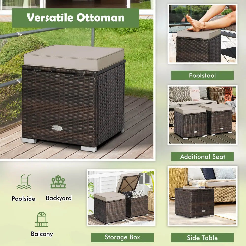 2 Pieces Patio Ottoman with Removable Cushions-Brown - Brown - Outdoor Seating & Patio Chairs