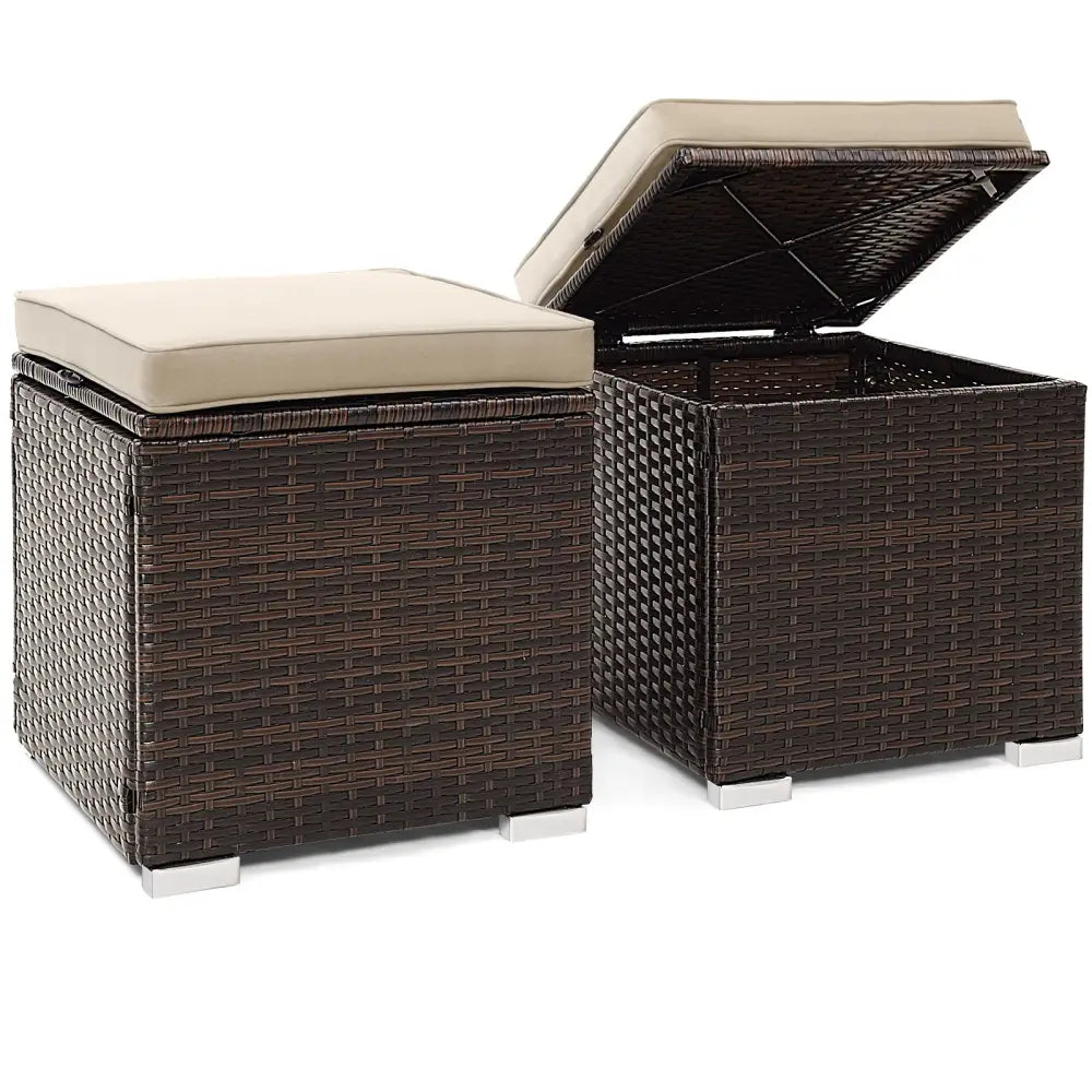 2 Pieces Patio Ottoman with Removable Cushions-Brown - Brown - Outdoor Seating & Patio Chairs