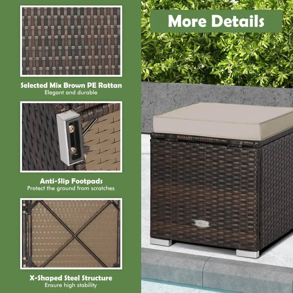2 Pieces Patio Ottoman with Removable Cushions-Brown - Brown - Outdoor Seating & Patio Chairs