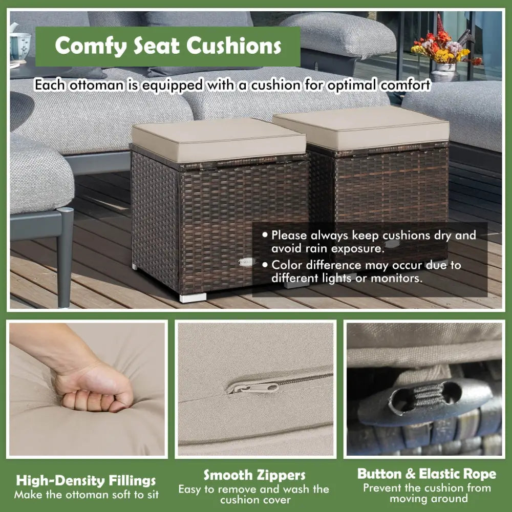 2 Pieces Patio Ottoman with Removable Cushions-Brown - Brown - Outdoor Seating & Patio Chairs