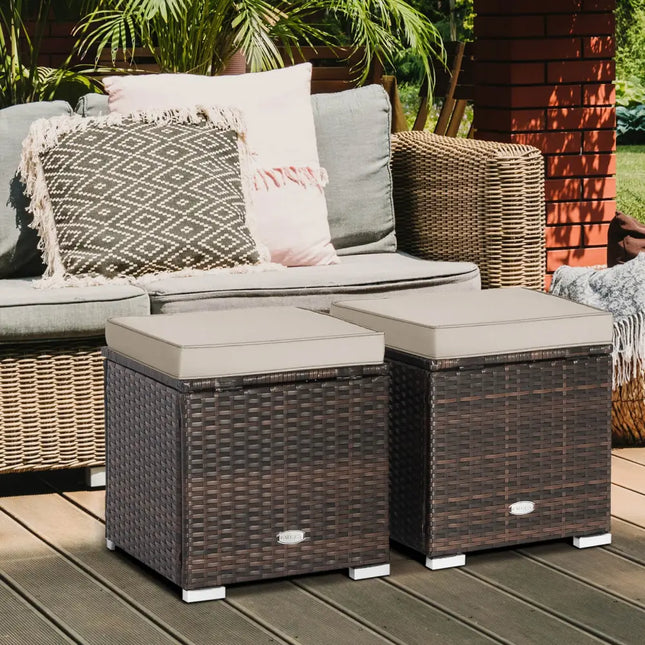 2 Pieces Patio Ottoman with Removable Cushions-Brown - Brown - Outdoor Seating & Patio Chairs