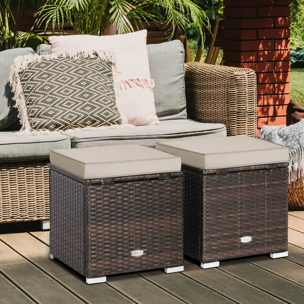 2 Pieces Patio Ottoman with Removable Cushions-Brown - Brown - Outdoor Seating & Patio Chairs
