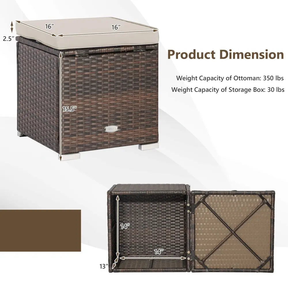 2 Pieces Patio Ottoman with Removable Cushions-Brown - Brown - Outdoor Seating & Patio Chairs