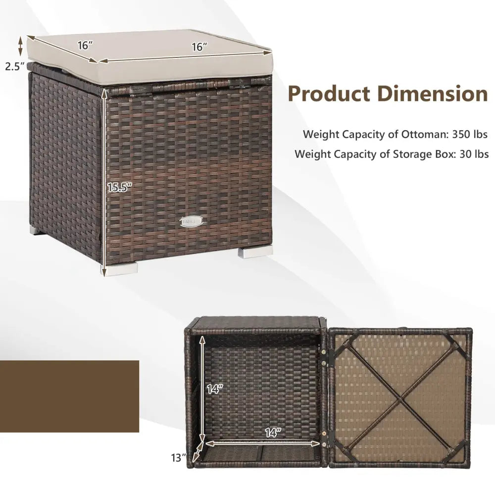 2 Pieces Patio Ottoman with Removable Cushions-Brown - Brown - Outdoor Seating & Patio Chairs