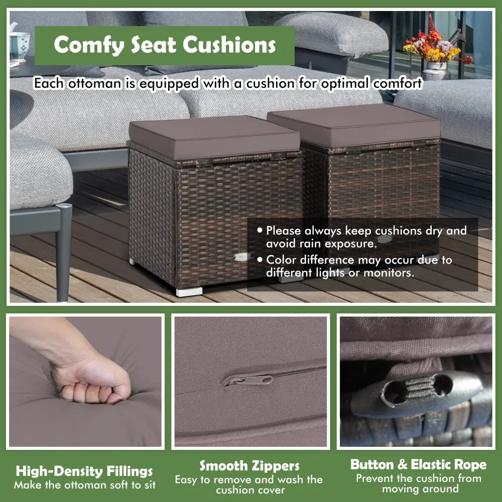 2 Pieces Patio Ottoman with Removable Cushions-Gray - Gray - Outdoor Seating & Patio Chairs