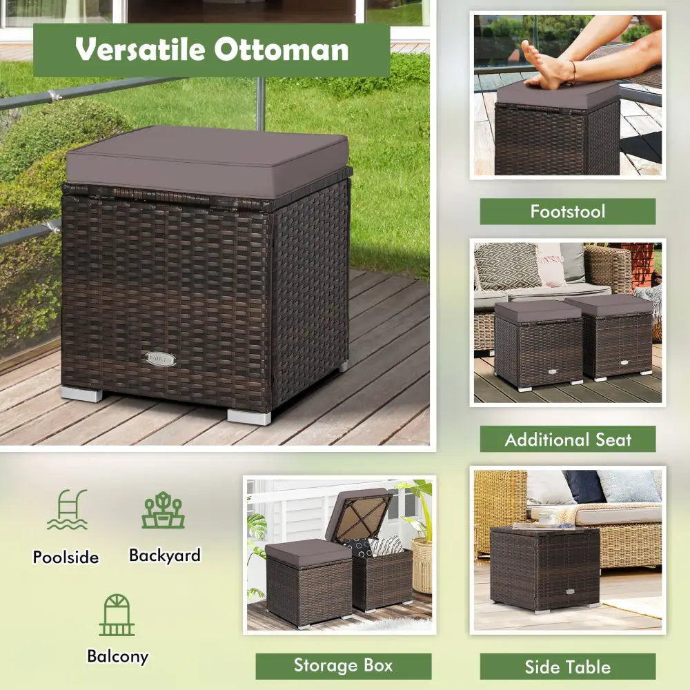 2 Pieces Patio Ottoman with Removable Cushions-Gray - Gray - Outdoor Seating & Patio Chairs
