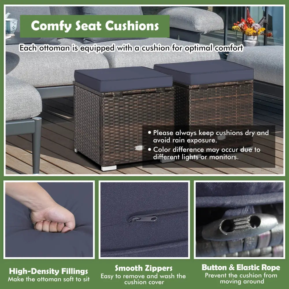 2 Pieces Patio Ottoman with Removable Cushions-Navy - Navy - Outdoor Seating & Patio Chairs