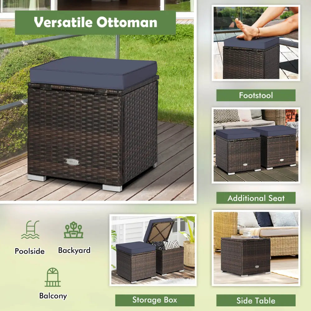 2 Pieces Patio Ottoman with Removable Cushions-Navy - Navy - Outdoor Seating & Patio Chairs