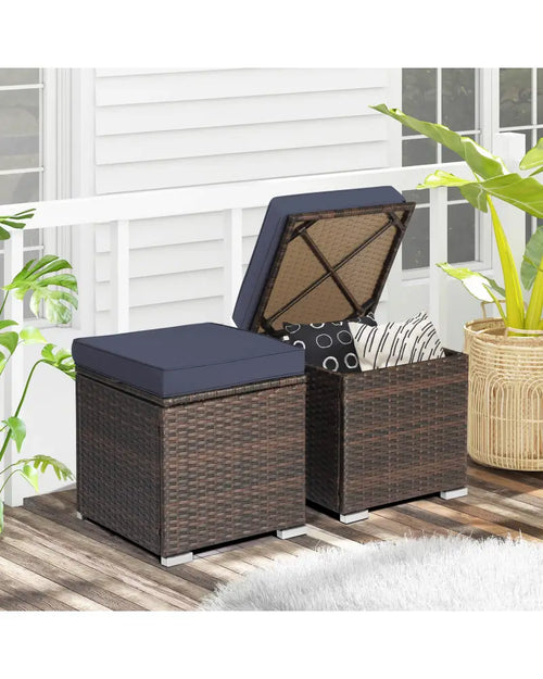 2 Pieces Patio Ottoman with Removable Cushions-Navy - Navy - Outdoor Seating & Patio Chairs