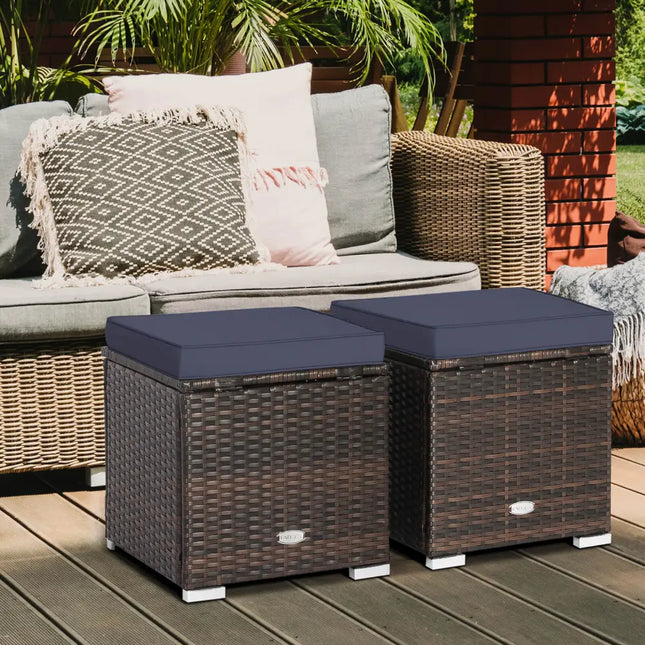 2 Pieces Patio Ottoman with Removable Cushions-Navy - Navy - Outdoor Seating & Patio Chairs