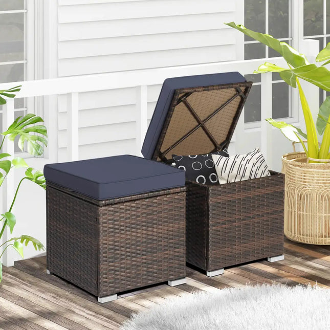 2 Pieces Patio Ottoman with Removable Cushions-Navy - Navy - Outdoor Seating & Patio Chairs