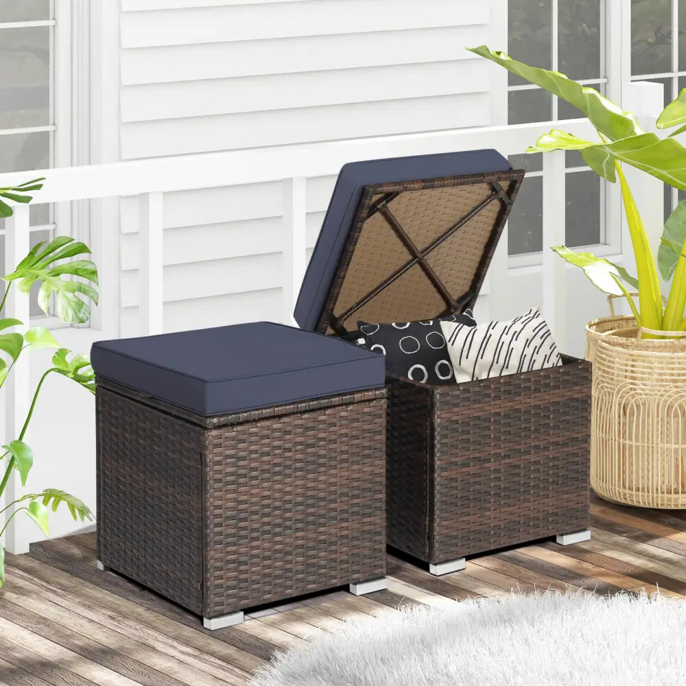 2 Pieces Patio Ottoman with Removable Cushions-Navy - Navy - Outdoor Seating & Patio Chairs