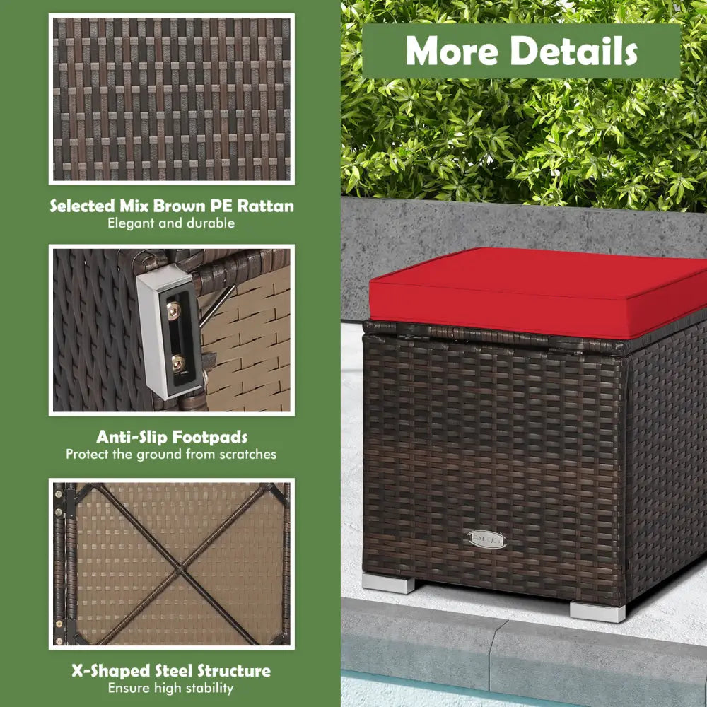 2 Pieces Patio Ottoman with Removable Cushions-Red - Red - Outdoor Seating & Patio Chairs