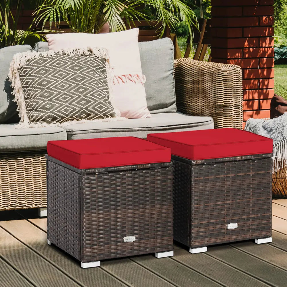 2 Pieces Patio Ottoman with Removable Cushions-Red - Red - Outdoor Seating & Patio Chairs