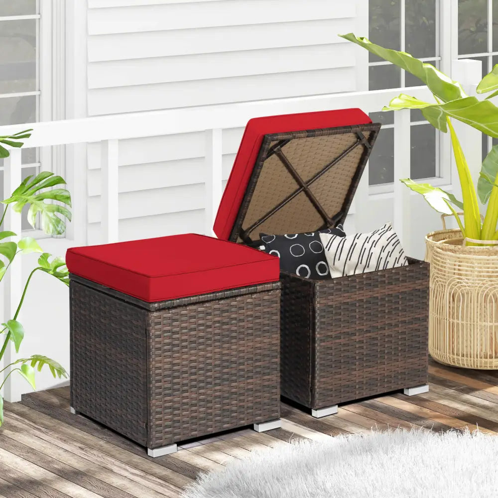 2 Pieces Patio Ottoman with Removable Cushions-Red - Red - Outdoor Seating & Patio Chairs