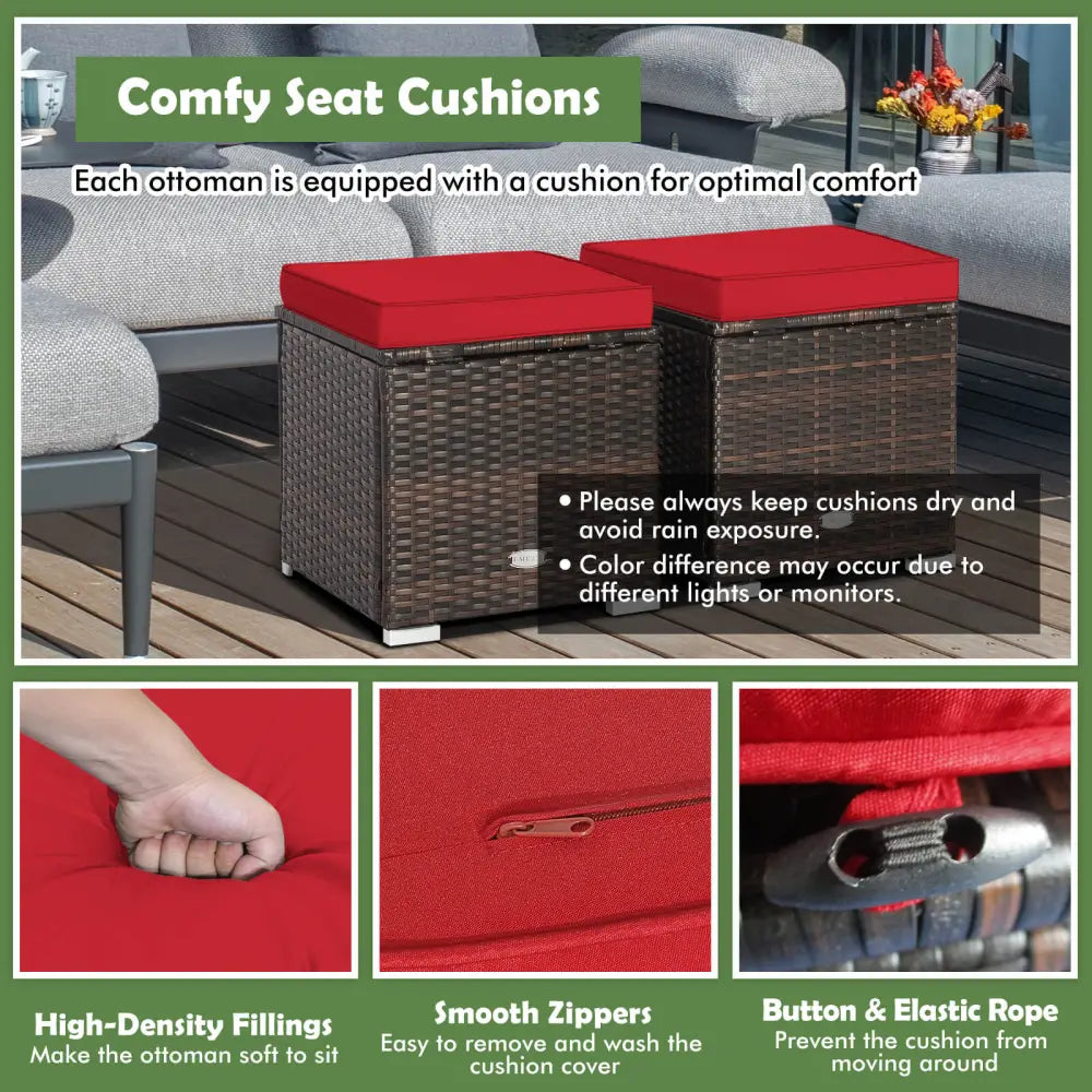 2 Pieces Patio Ottoman with Removable Cushions-Red - Red - Outdoor Seating & Patio Chairs