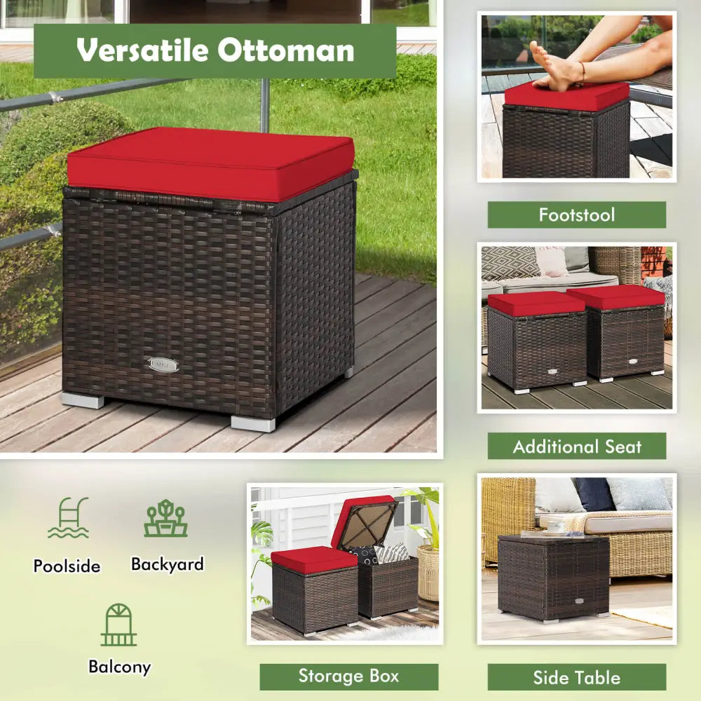 2 Pieces Patio Ottoman with Removable Cushions-Red - Red - Outdoor Seating & Patio Chairs