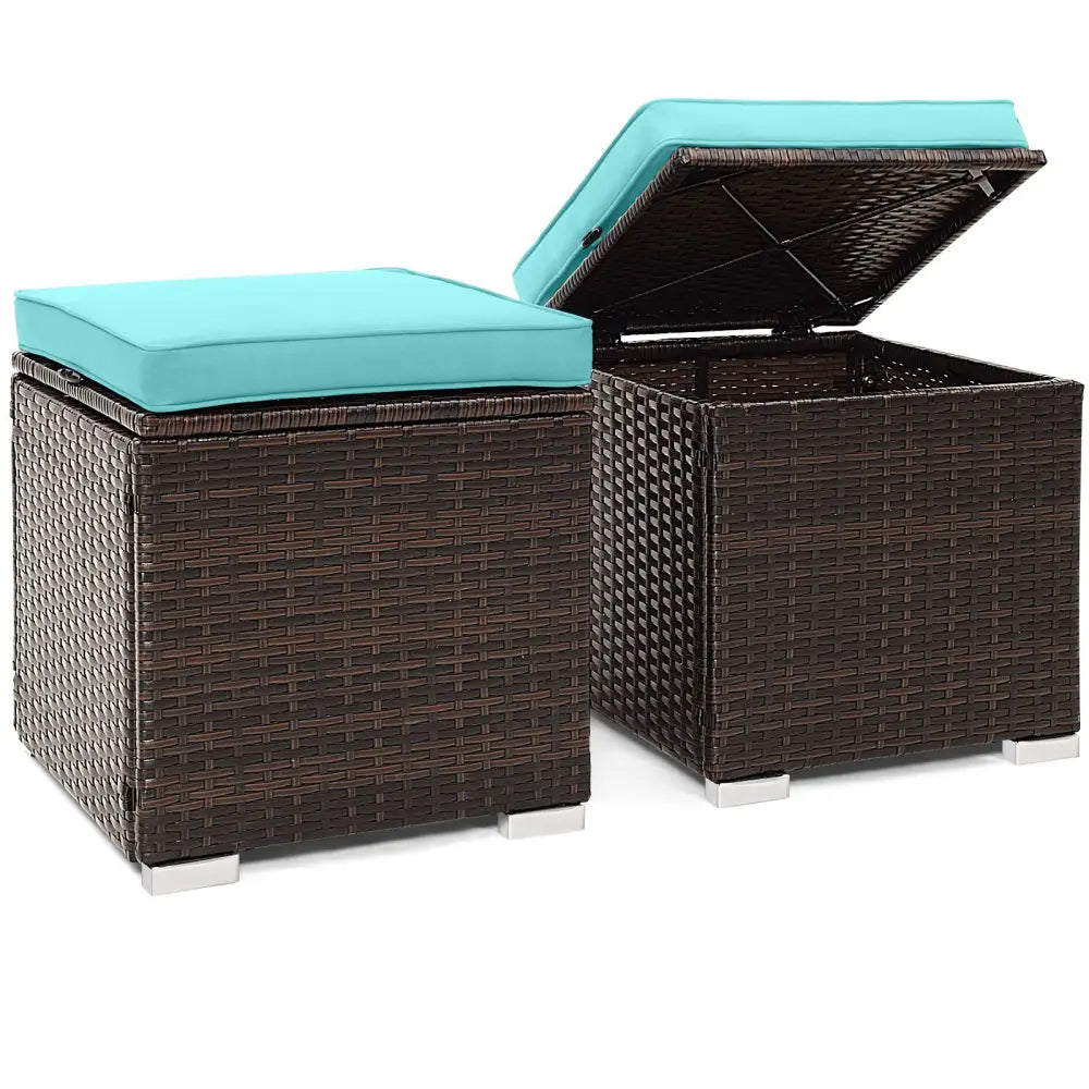2 Pieces Patio Ottoman with Removable Cushions-Turquoise - Turquoise - Outdoor Seating & Patio Chairs