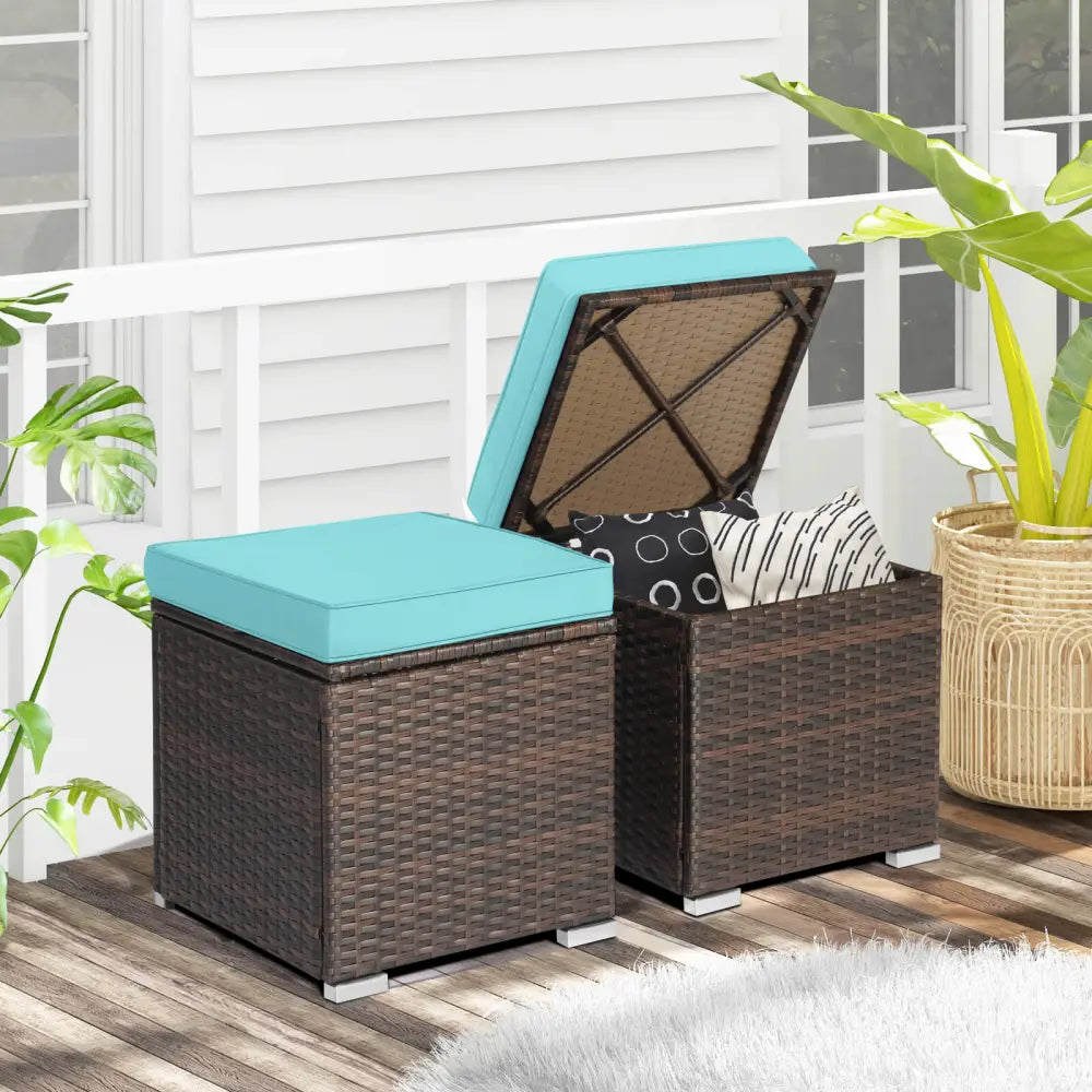 2 Pieces Patio Ottoman with Removable Cushions-Turquoise - Turquoise - Outdoor Seating & Patio Chairs