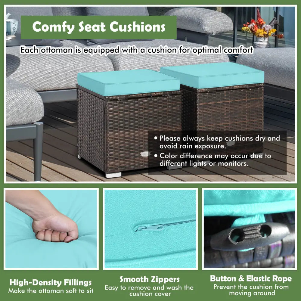 2 Pieces Patio Ottoman with Removable Cushions-Turquoise - Turquoise - Outdoor Seating & Patio Chairs