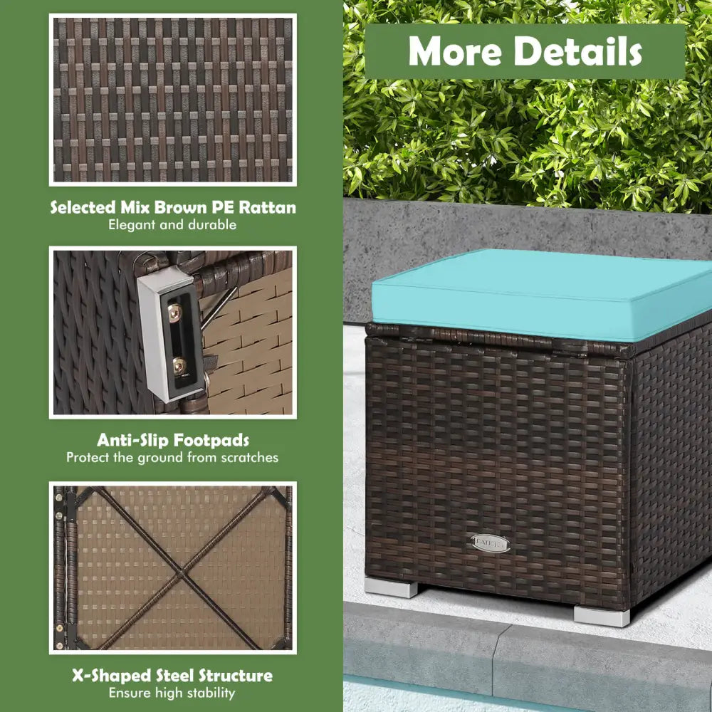 2 Pieces Patio Ottoman with Removable Cushions-Turquoise - Turquoise - Outdoor Seating & Patio Chairs