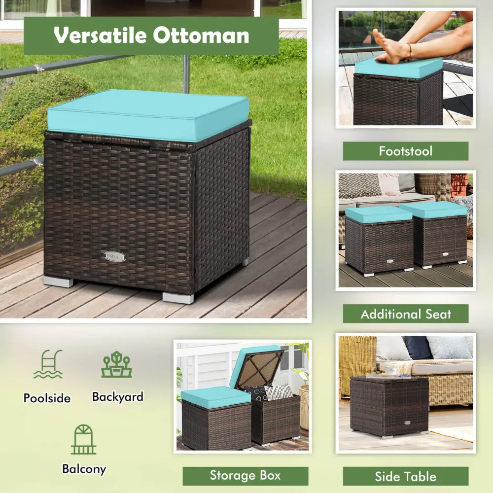 2 Pieces Patio Ottoman with Removable Cushions-Turquoise - Turquoise - Outdoor Seating & Patio Chairs