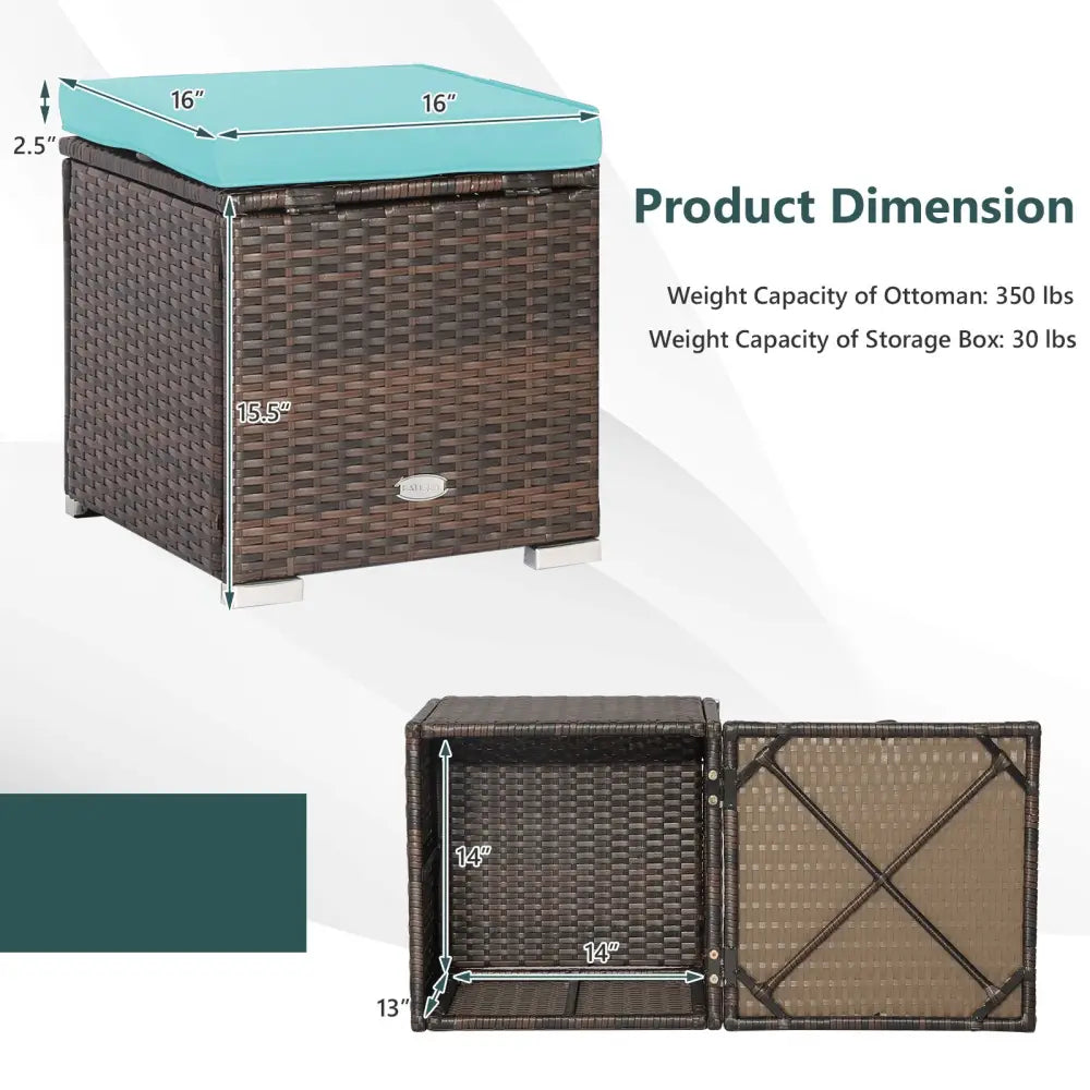 2 Pieces Patio Ottoman with Removable Cushions-Turquoise - Turquoise - Outdoor Seating & Patio Chairs