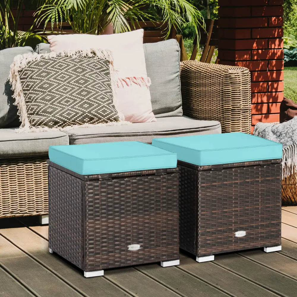 2 Pieces Patio Ottoman with Removable Cushions-Turquoise - Turquoise - Outdoor Seating & Patio Chairs