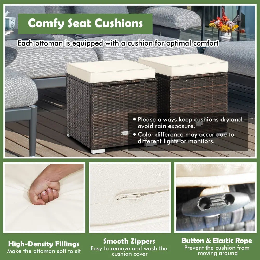2 Pieces Patio Ottoman with Removable Cushions-White - White - Outdoor Seating & Patio Chairs
