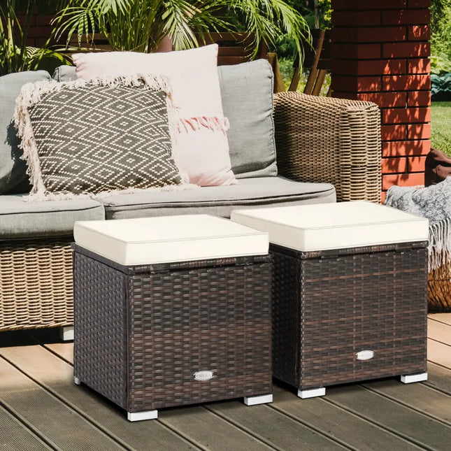 2 Pieces Patio Ottoman with Removable Cushions-White - White - Outdoor Seating & Patio Chairs