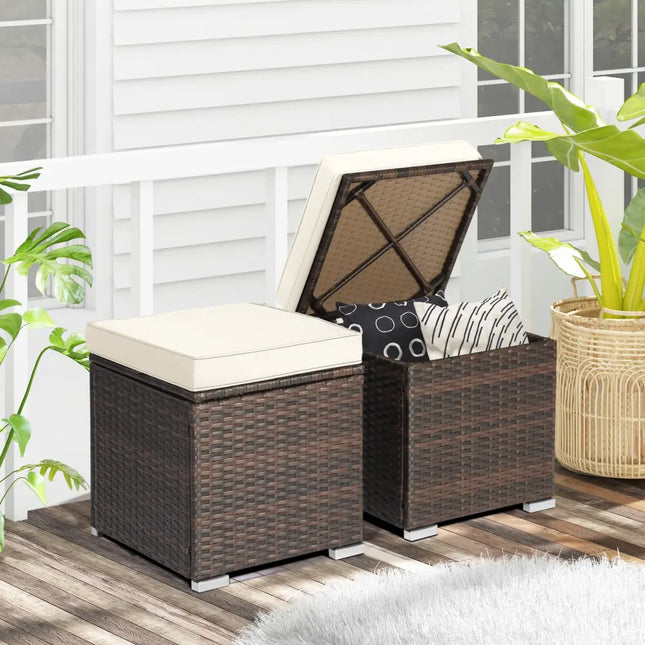 2 Pieces Patio Ottoman with Removable Cushions-White - White - Outdoor Seating & Patio Chairs
