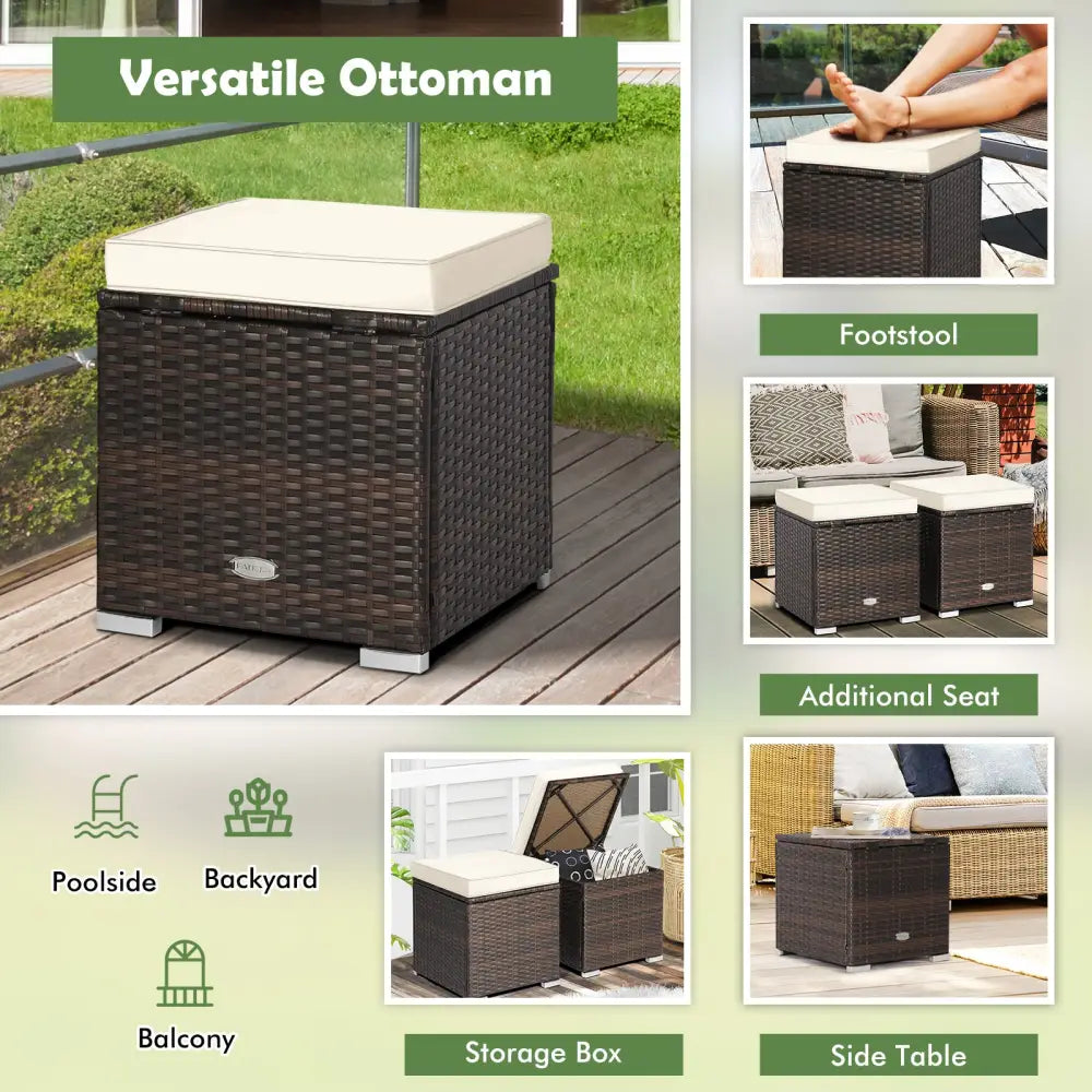 2 Pieces Patio Ottoman with Removable Cushions-White - White - Outdoor Seating & Patio Chairs