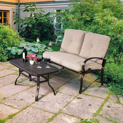 2 Pieces Patio Outdoor Cushioned Coffee Table Seat-Beige - Beige - Patio Conversation Sets