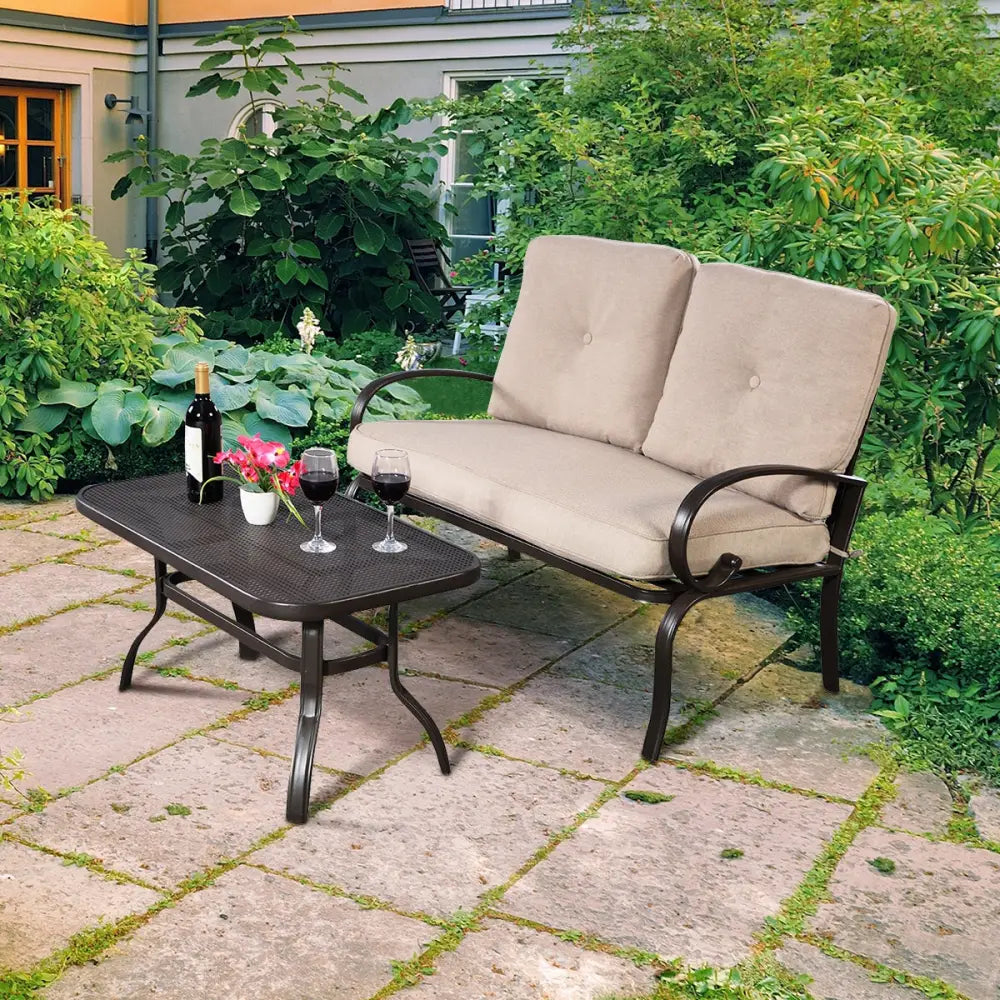 2 Pieces Patio Outdoor Cushioned Coffee Table Seat-Beige - Beige - Patio Conversation Sets