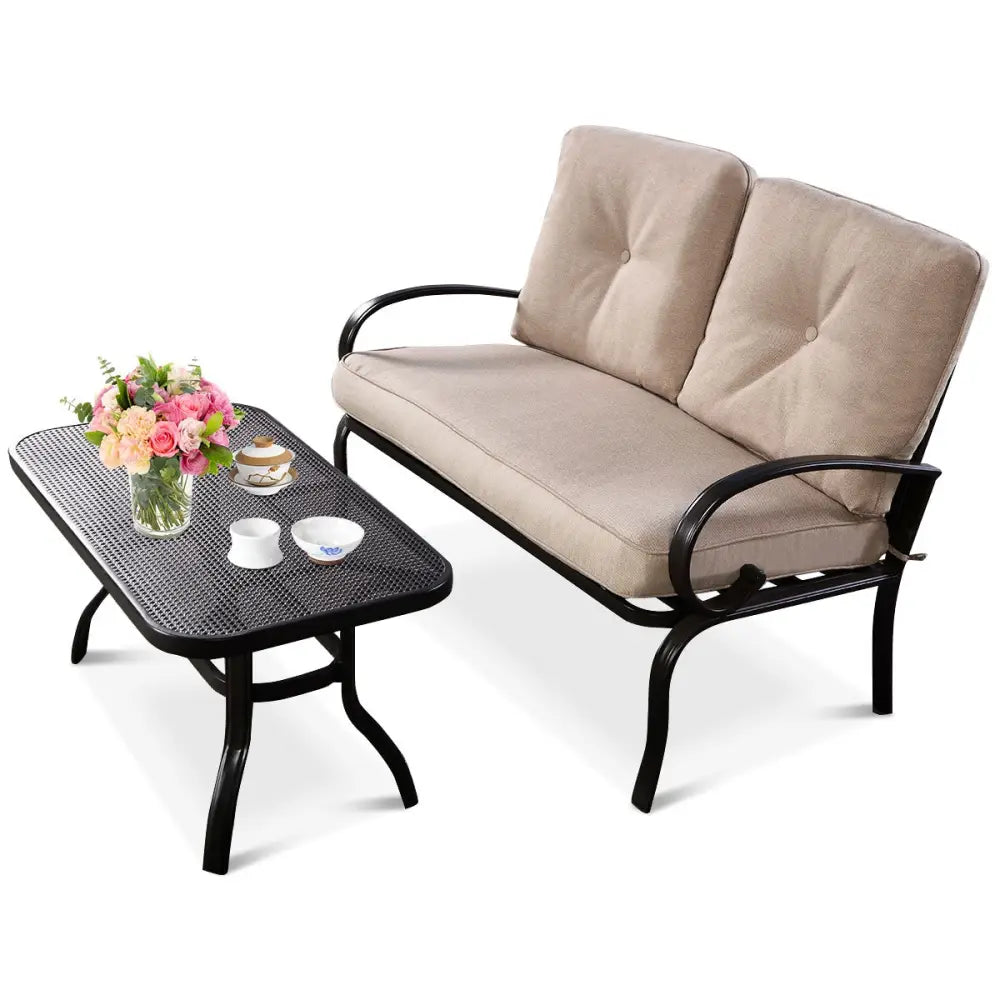 2 Pieces Patio Outdoor Cushioned Coffee Table Seat-Beige - Beige - Patio Conversation Sets