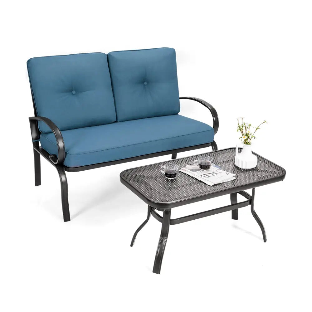 2 Pieces Patio Outdoor Cushioned Coffee Table Seat-Blue - Blue - Patio Conversation Sets