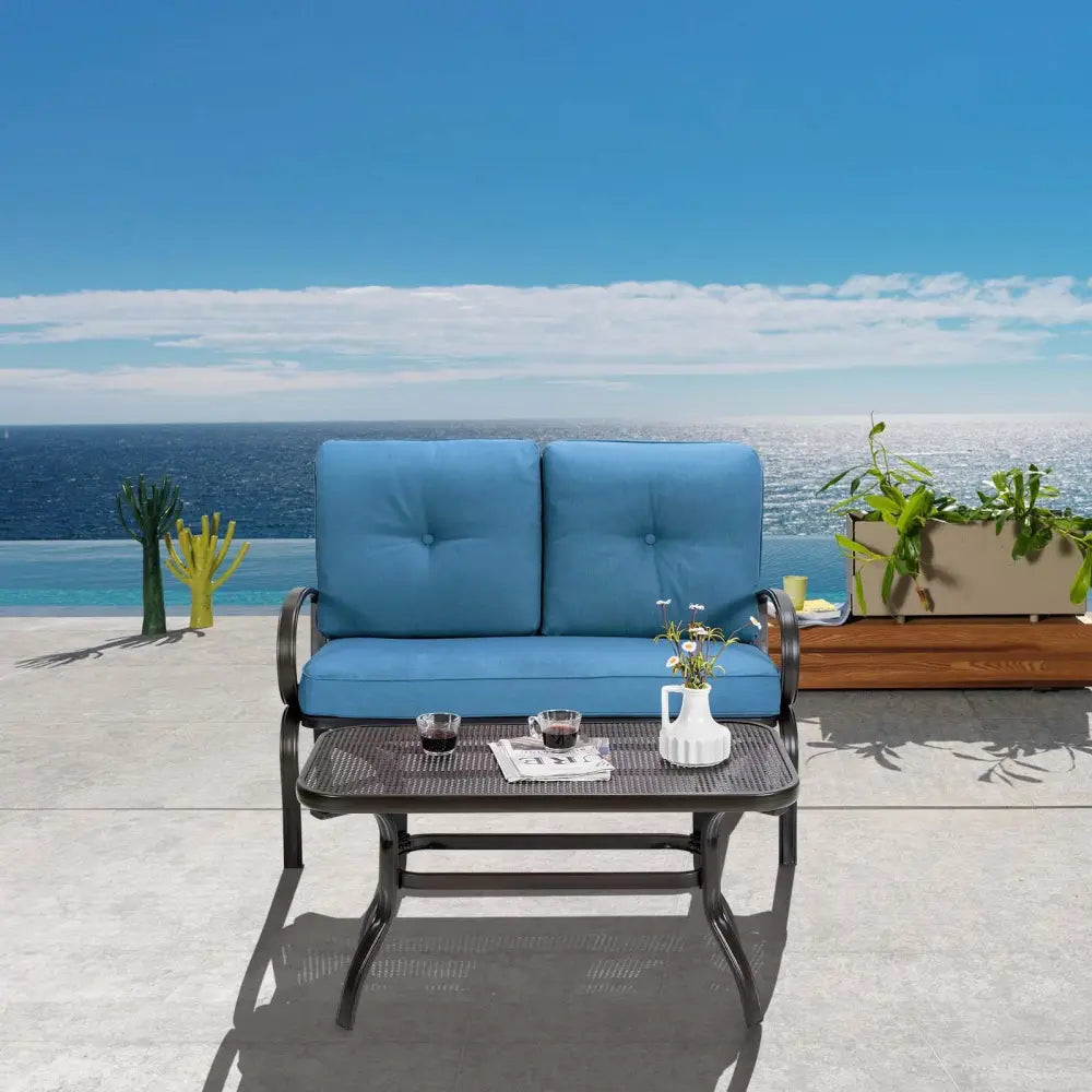 2 Pieces Patio Outdoor Cushioned Coffee Table Seat-Blue - Blue - Patio Conversation Sets