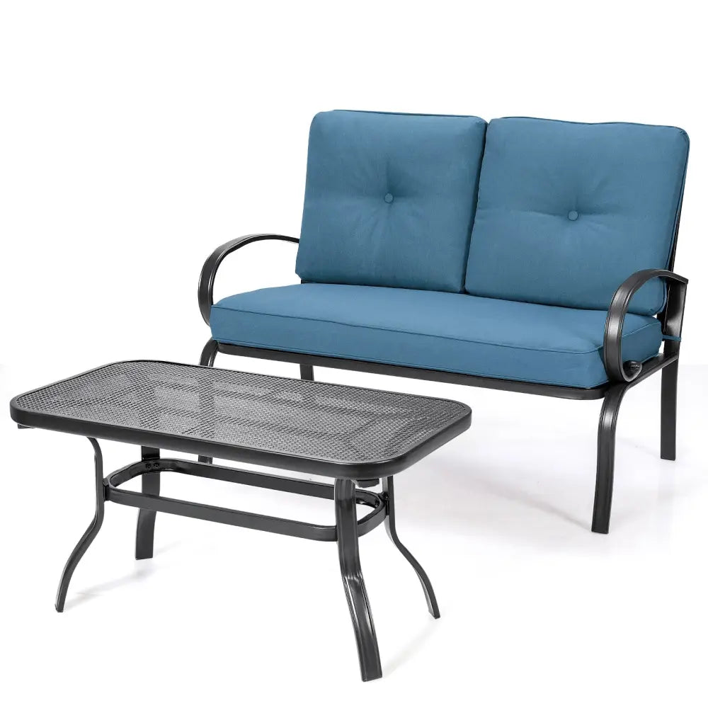 2 Pieces Patio Outdoor Cushioned Coffee Table Seat-Blue - Blue - Patio Conversation Sets