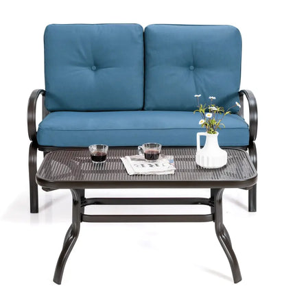 2 Pieces Patio Outdoor Cushioned Coffee Table Seat-Blue - Blue - Patio Conversation Sets