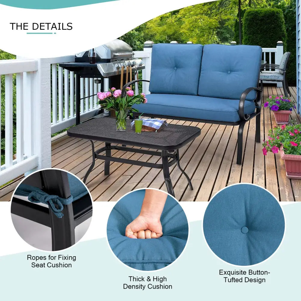 2 Pieces Patio Outdoor Cushioned Coffee Table Seat-Blue - Blue - Patio Conversation Sets