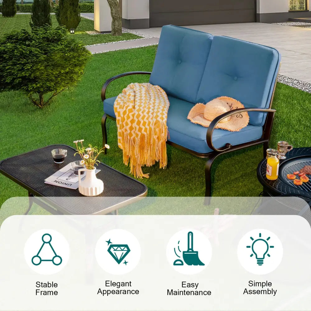2 Pieces Patio Outdoor Cushioned Coffee Table Seat-Blue - Blue - Patio Conversation Sets